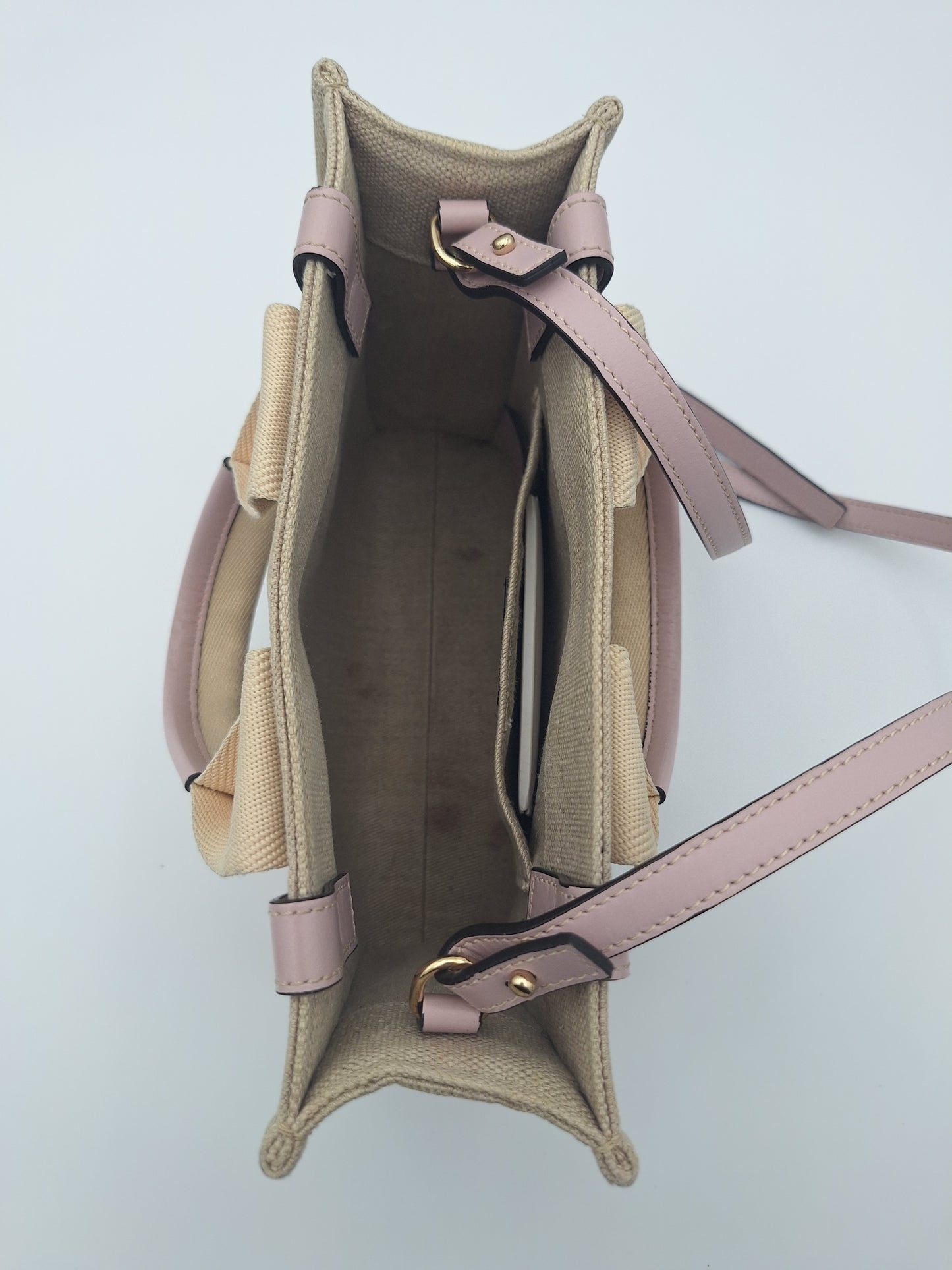 Chloe Ivory Canvas Pink Leather Trim Linen Woody Mini Shoulder Bag (US)
