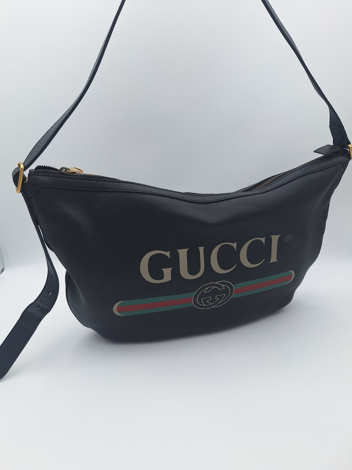 Gucci Black Leather GUCCI Print Hobo Shoulder/Crossbody Bag (US)