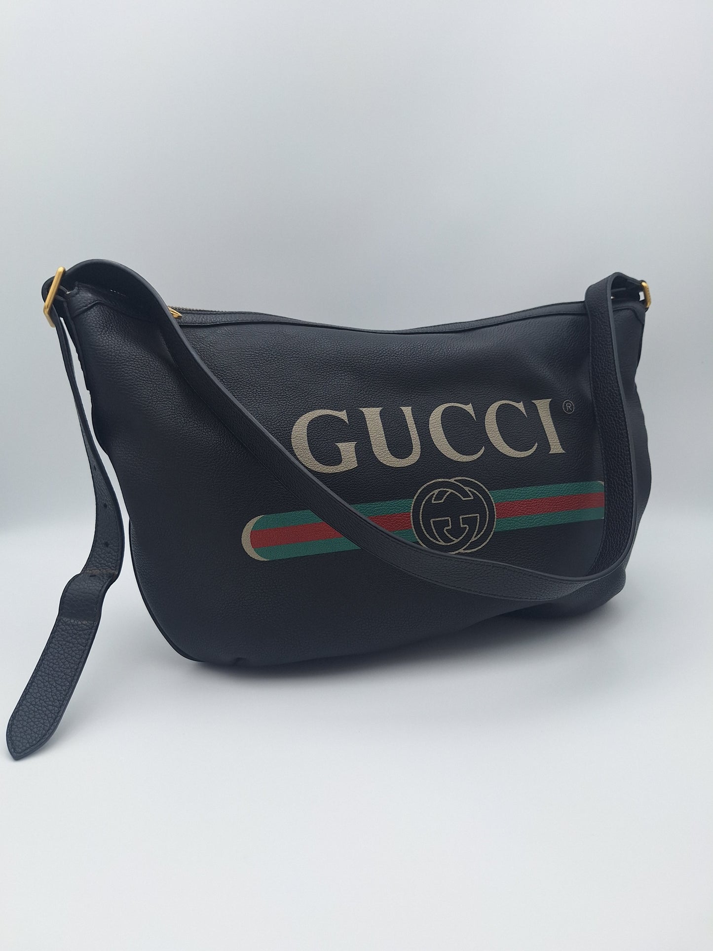 Gucci Black Leather GUCCI Print Hobo Shoulder/Crossbody Bag (US)