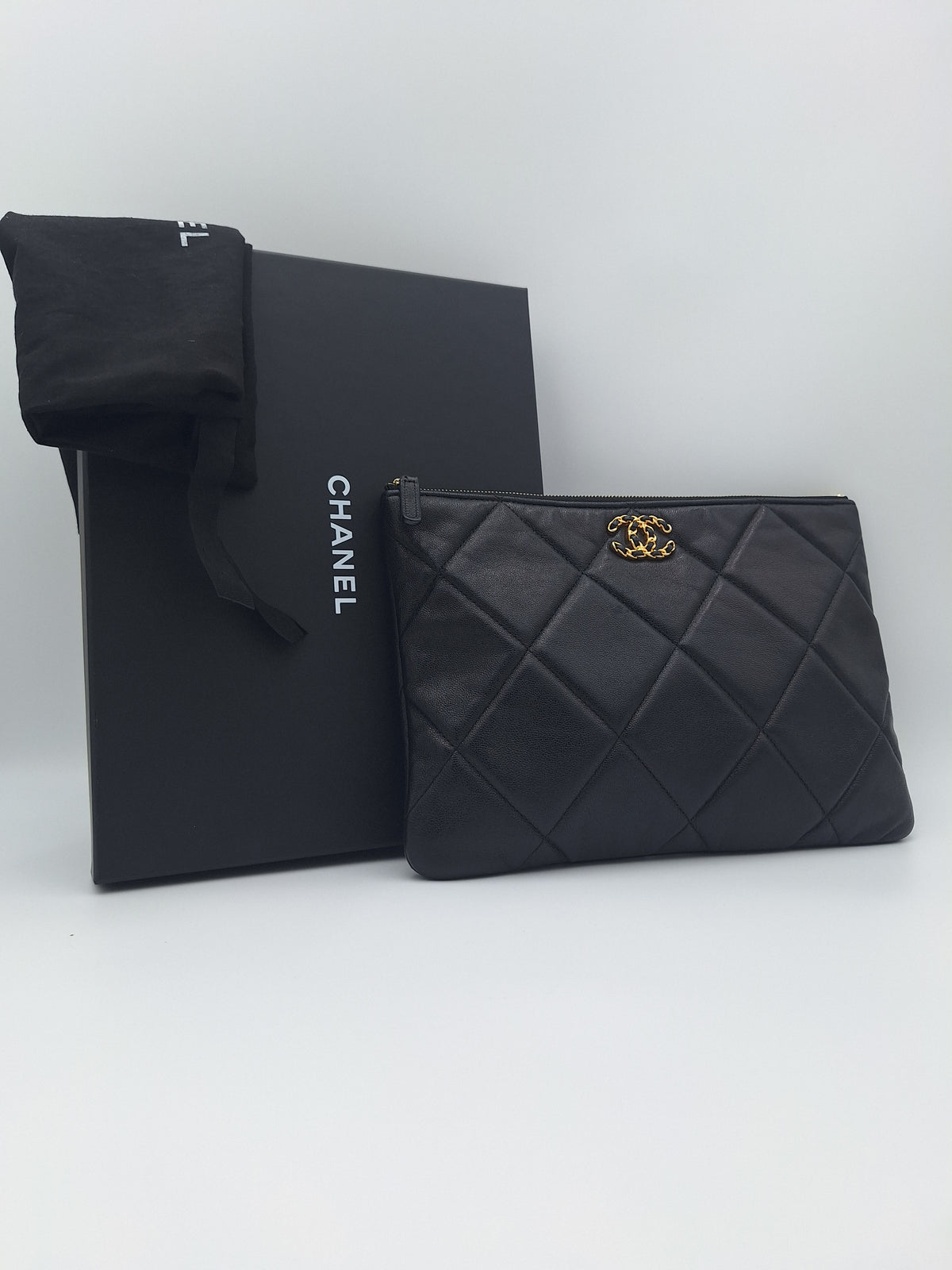 Chanel 19 Large Black Quilted Leather O Case Clutch (US)
