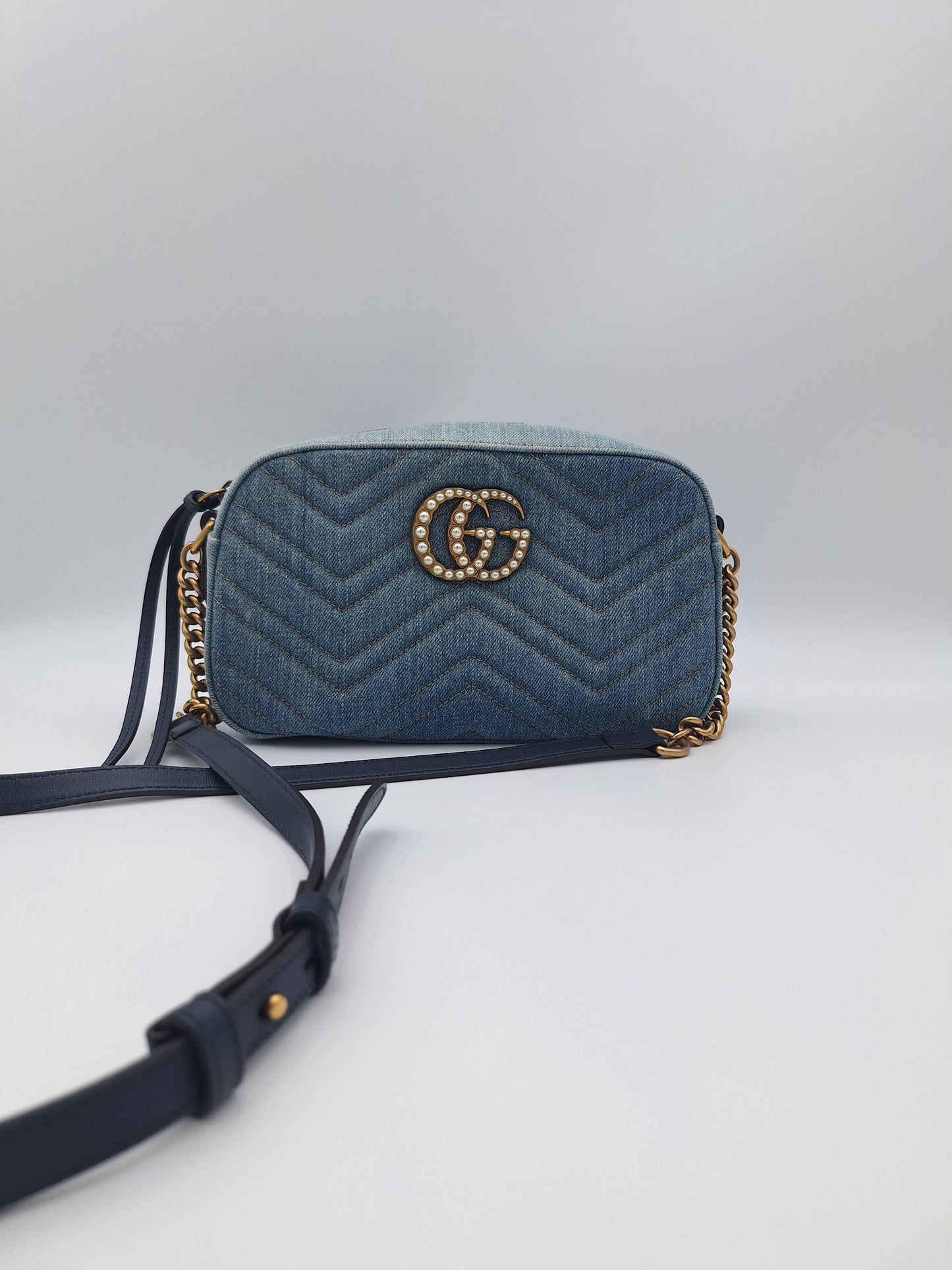 Gucci Small GG Marmont Matelassé Denim Pearly Crossbody Bag (US)