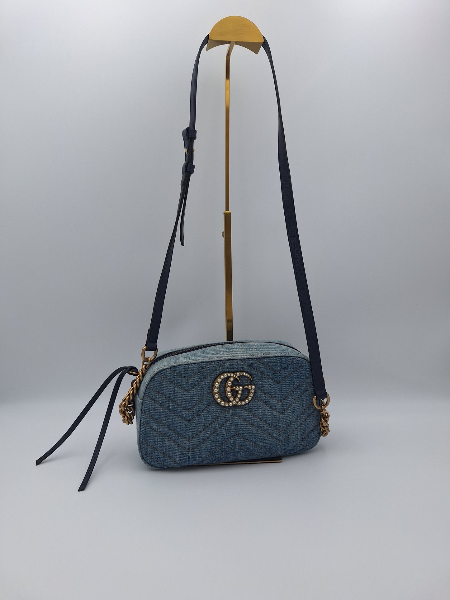 Gucci Small GG Marmont Matelassé Denim Pearly Crossbody Bag (US)