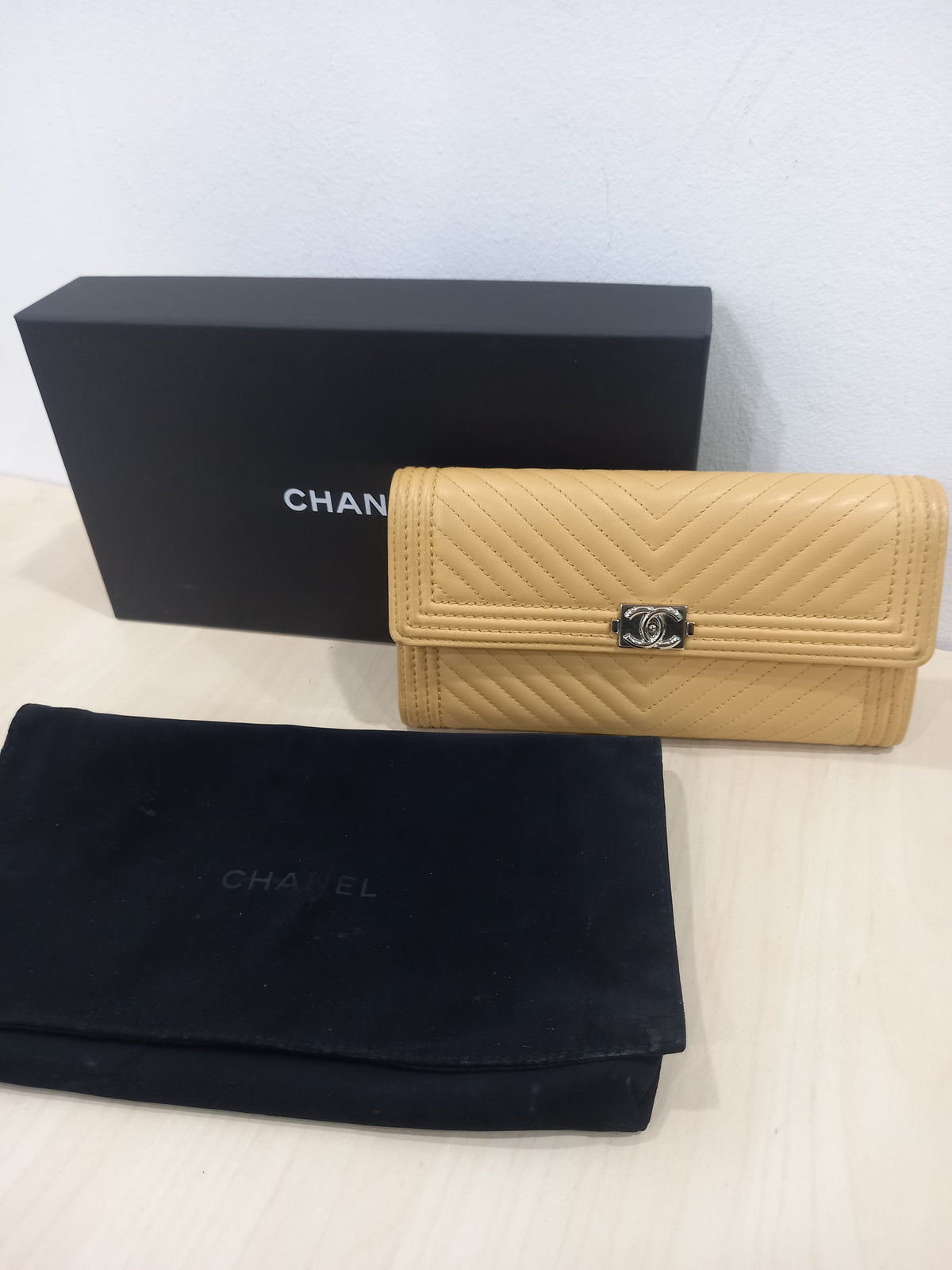 Chanel Mustard Lambskin Leather Boy Chevron Flap Long Wallet A80286