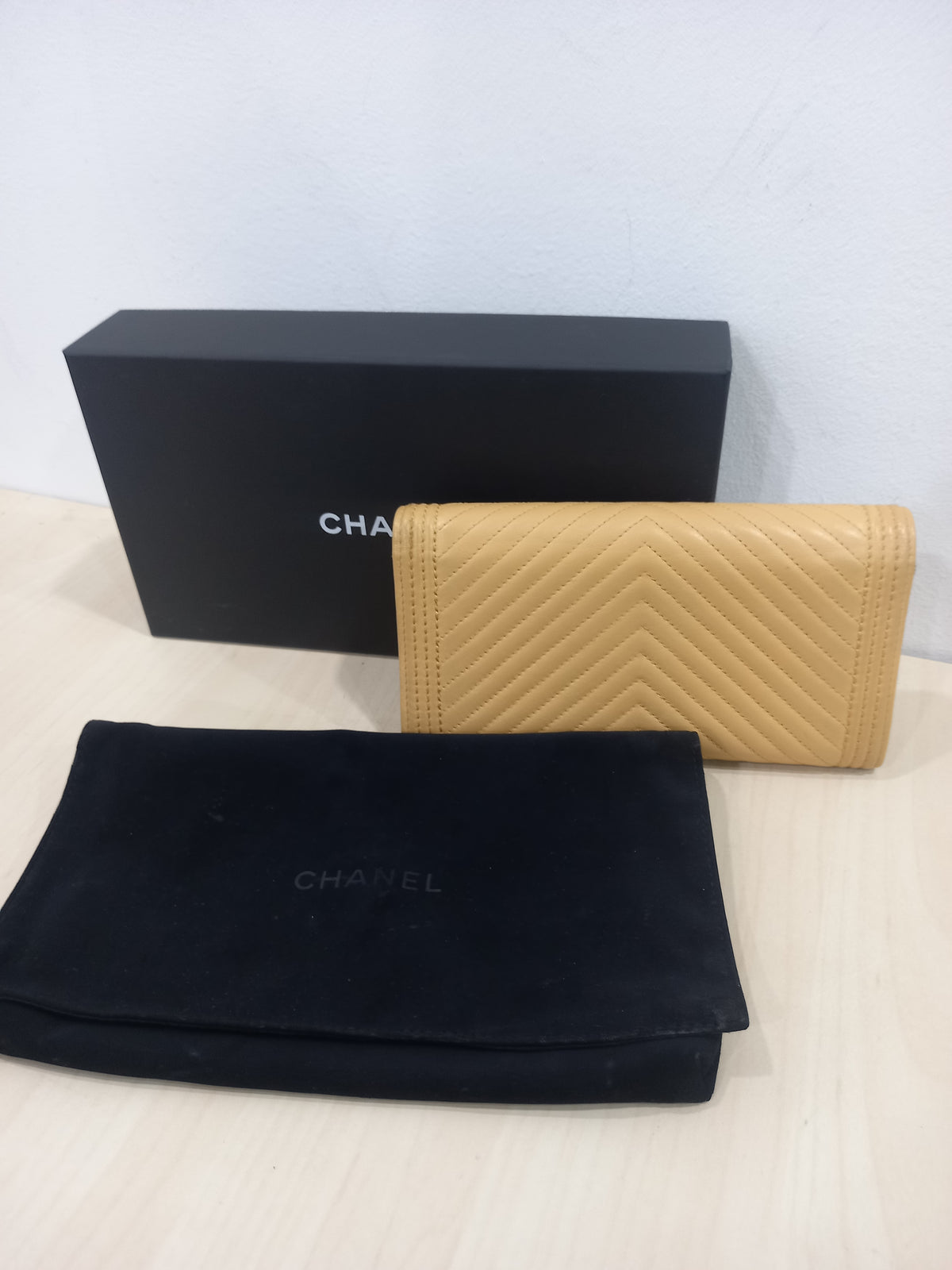 Chanel Mustard Lambskin Leather Boy Chevron Flap Long Wallet A80286
