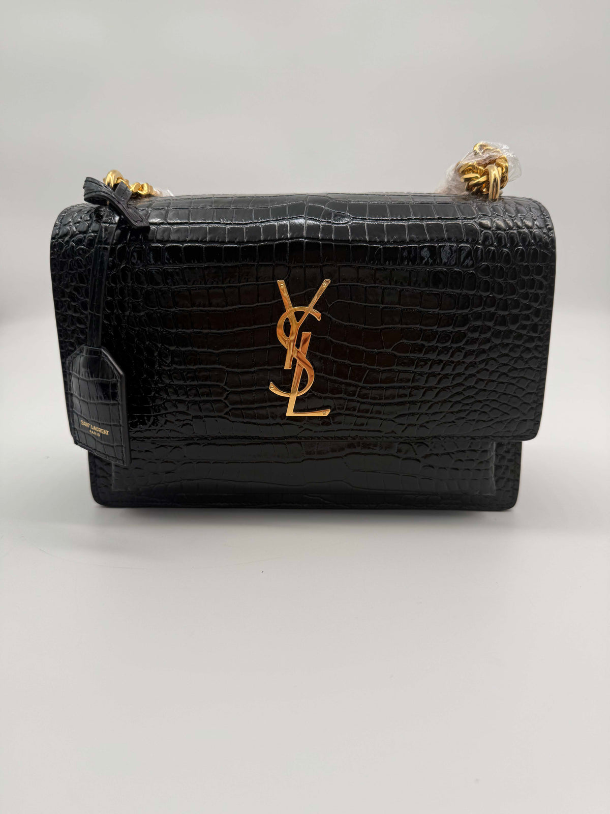 Saint Laurent Sunset Medium Croc-Embossed Black with Gold Hardware (BL0026)