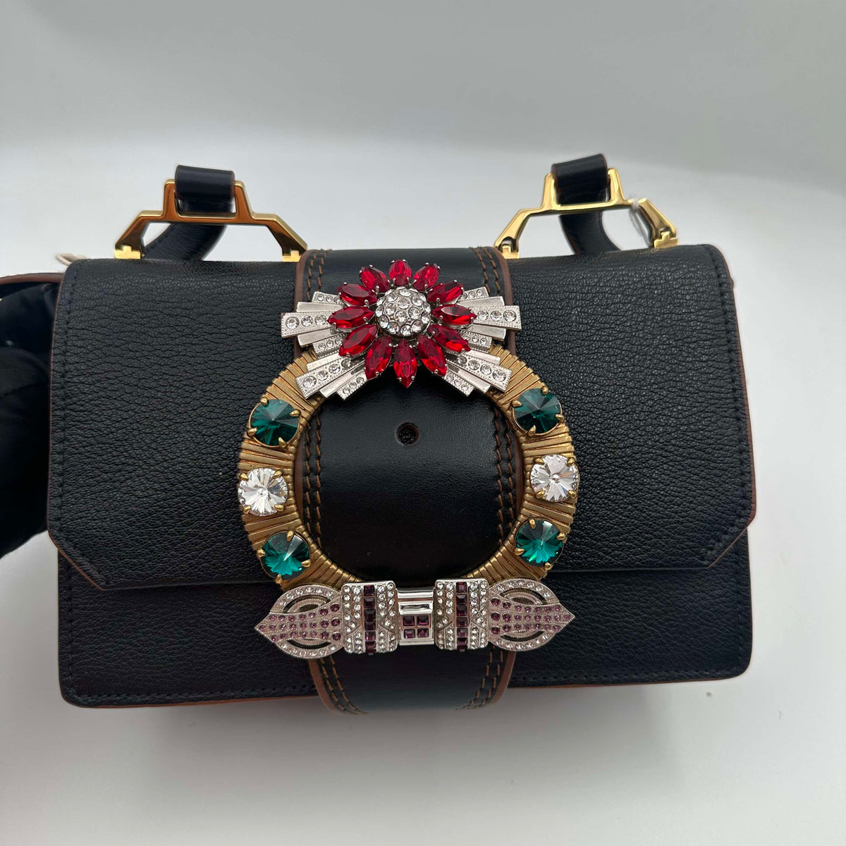 Miu Miu Sunflower Gemstone Buckle Black Crossbody Bag (BL0398)