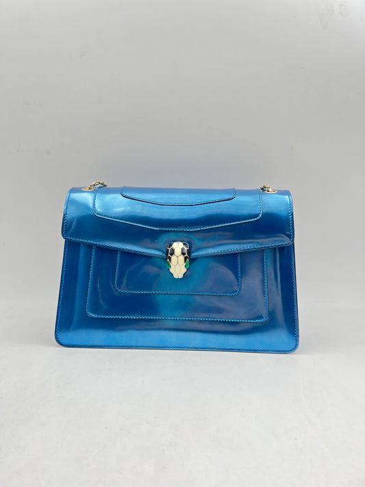 Bvlgari Serpenti Forever Flap Bag, Blue Patent Leather (AQ001)