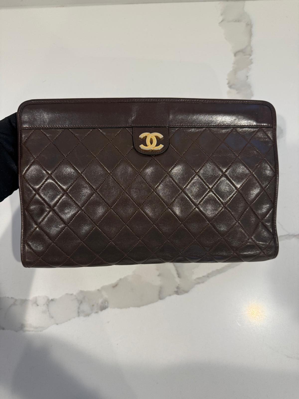 Chanel Dark Brown Lambskin Matelassé Clutch