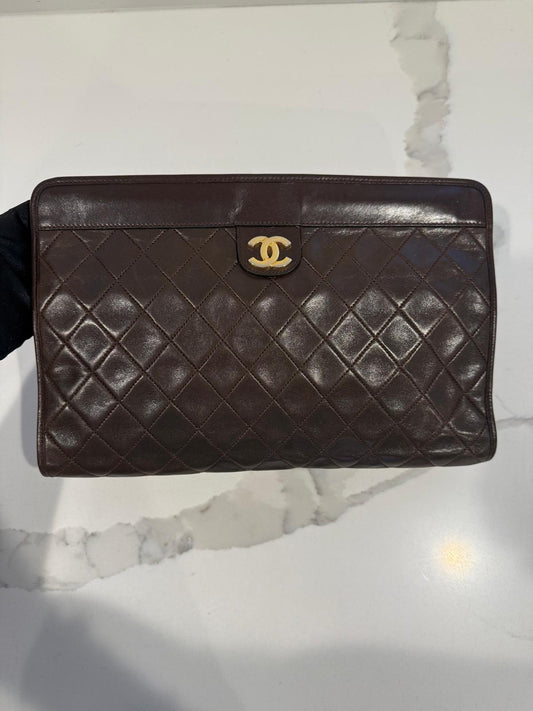 Chanel Dark Brown Lambskin Matelassé Clutch