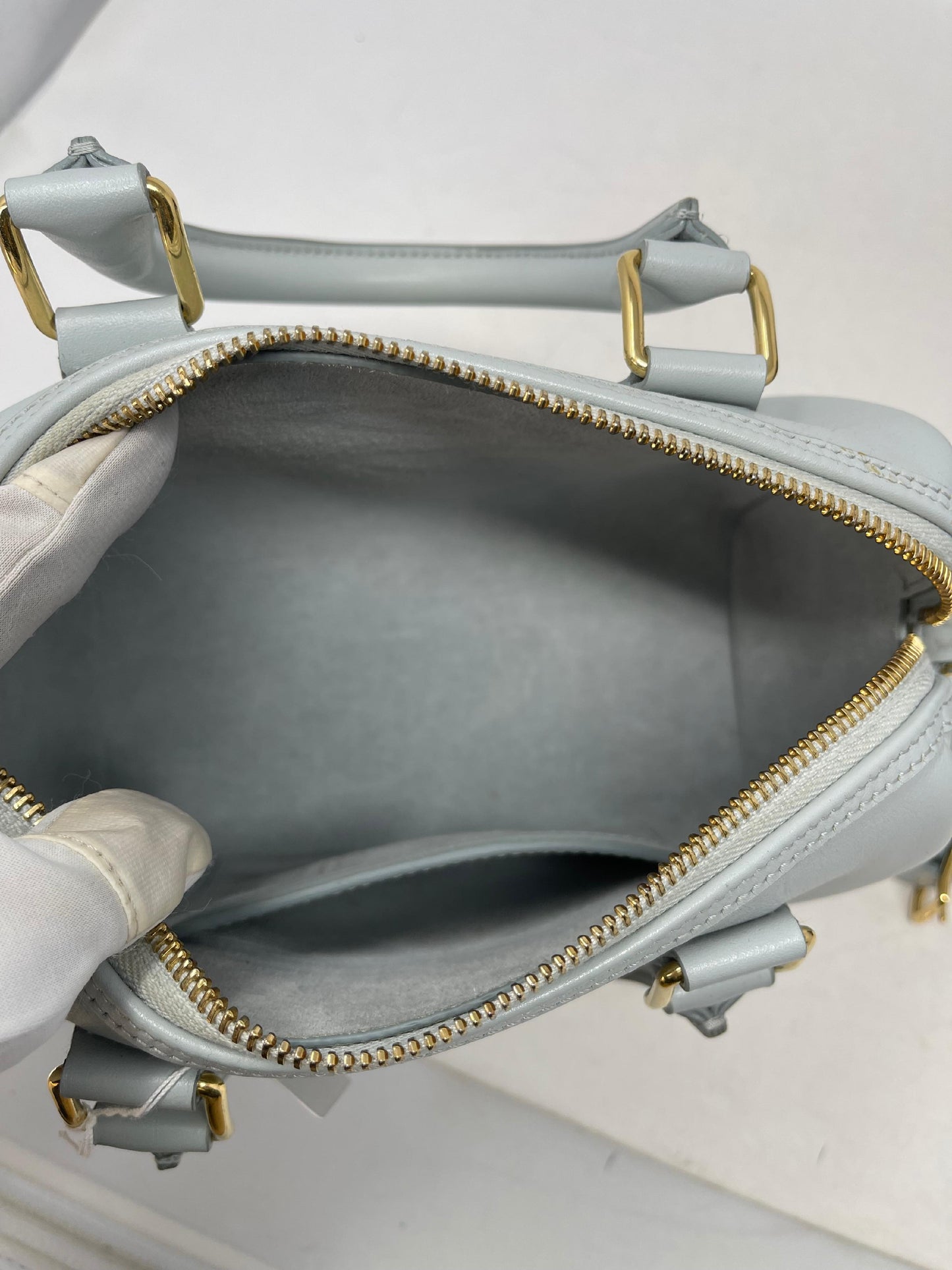 Smooth Calfskin Triomphe Small Boston Bag Soft Blue