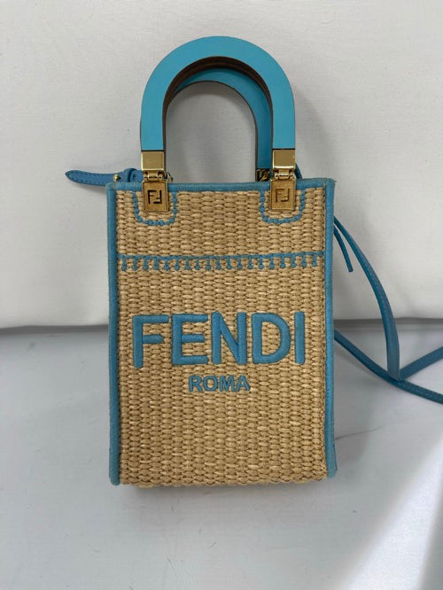 Fendi Blue Leather and Straw Sunshine Mini Crossbody Tote Bag