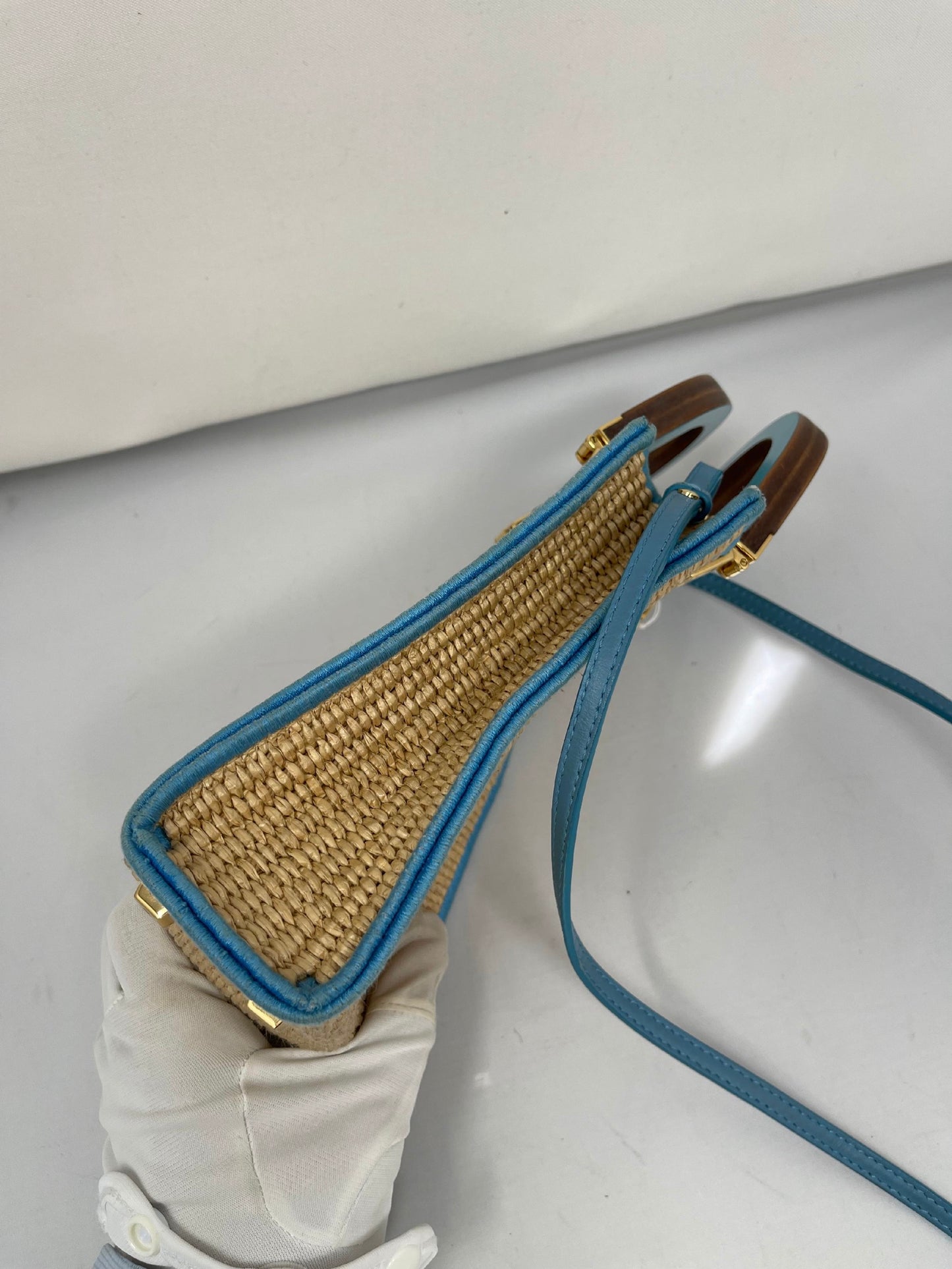 Fendi Blue Leather and Straw Sunshine Mini Crossbody Tote Bag