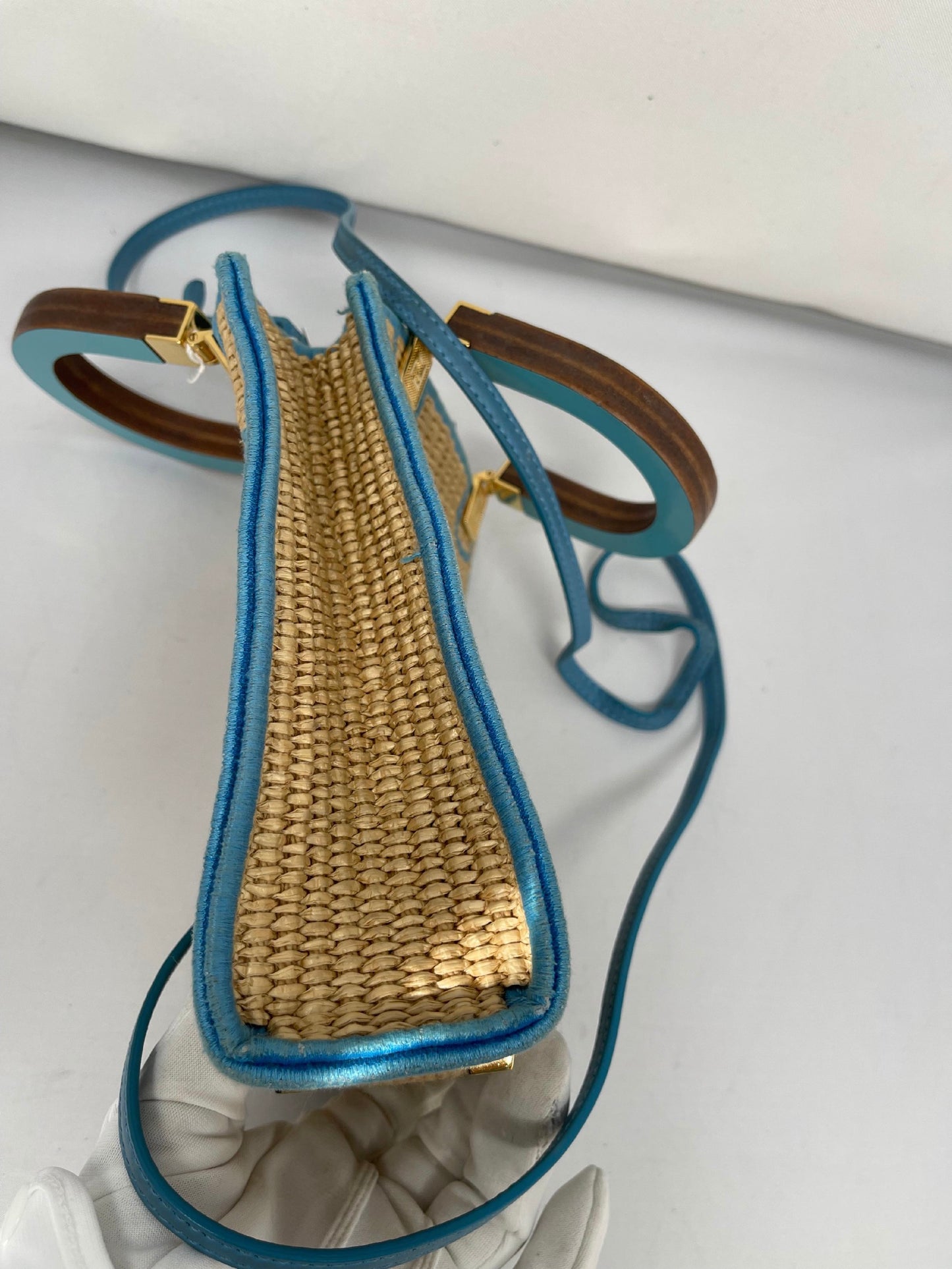 Fendi Blue Leather and Straw Sunshine Mini Crossbody Tote Bag