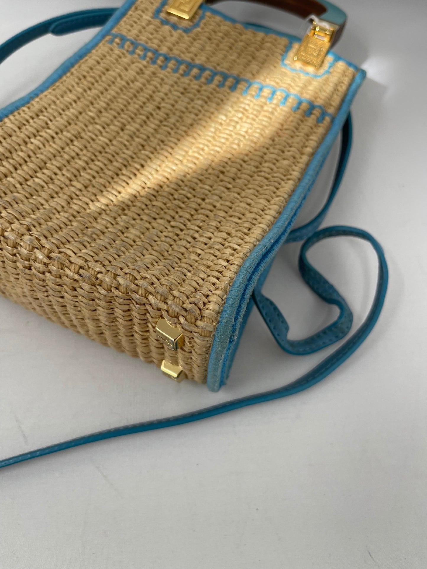 Fendi Blue Leather and Straw Sunshine Mini Crossbody Tote Bag
