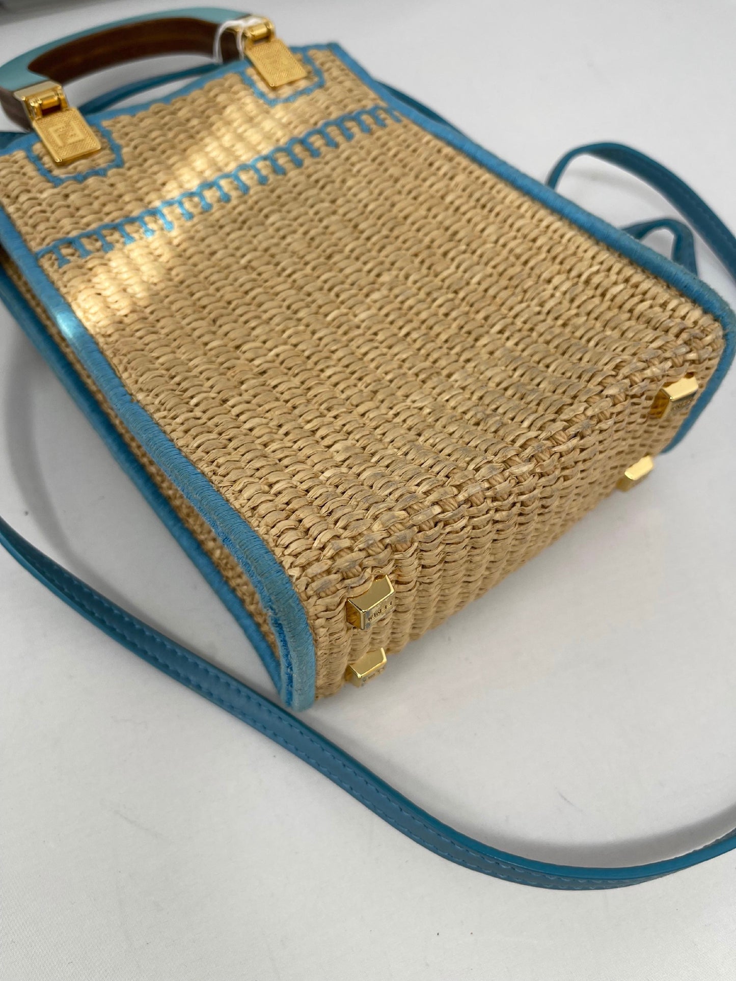 Fendi Blue Leather and Straw Sunshine Mini Crossbody Tote Bag
