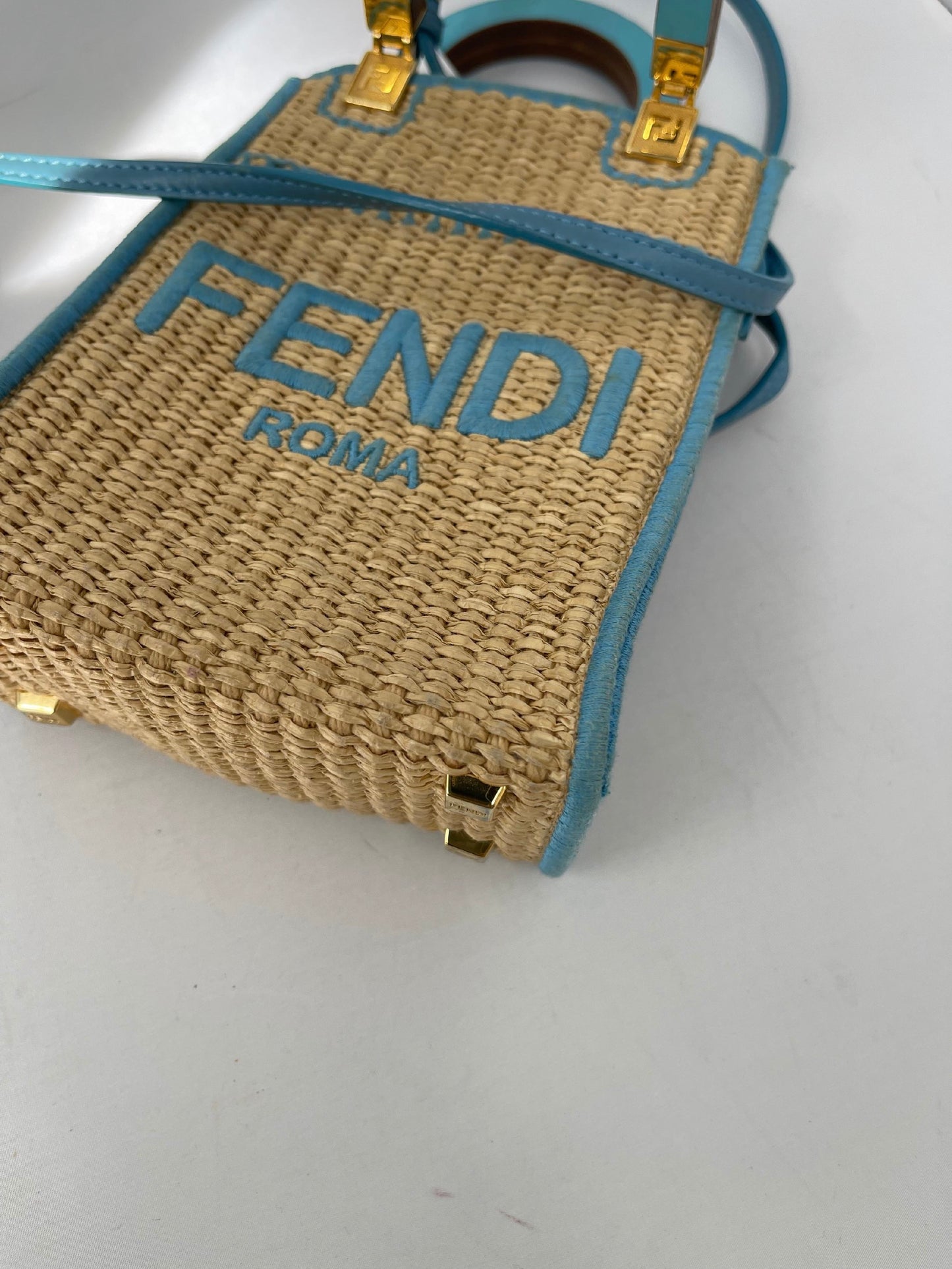 Fendi Blue Leather and Straw Sunshine Mini Crossbody Tote Bag