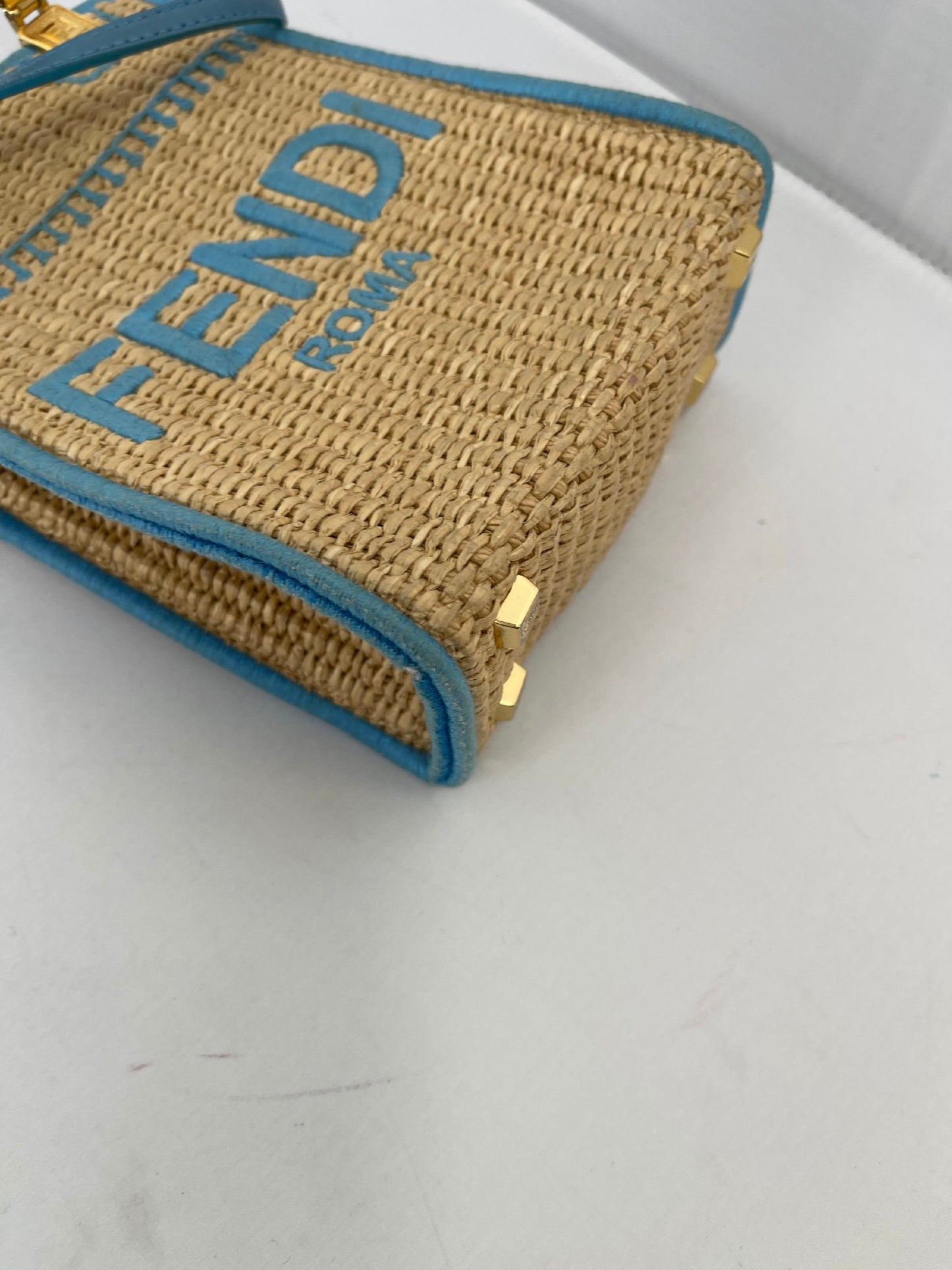 Fendi Blue Leather and Straw Sunshine Mini Crossbody Tote Bag