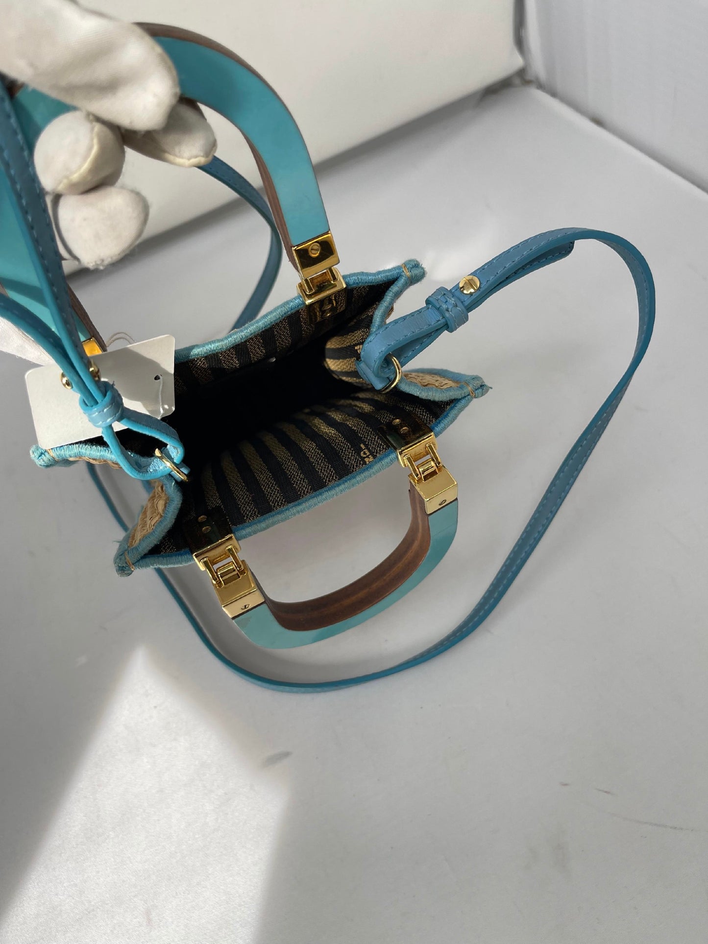 Fendi Blue Leather and Straw Sunshine Mini Crossbody Tote Bag