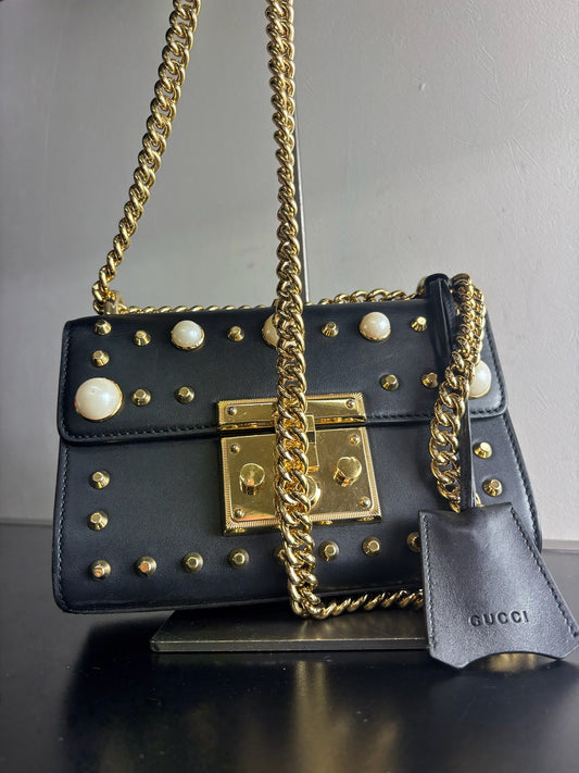 Gucci Calfskin Studded Padlock Shoulder Bag