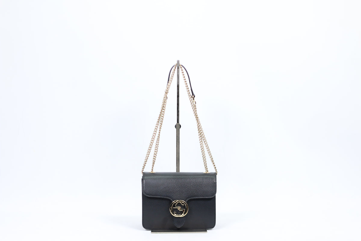 Gucci Black Leather GG Interlocking Chain ONE Shoulder Bag
