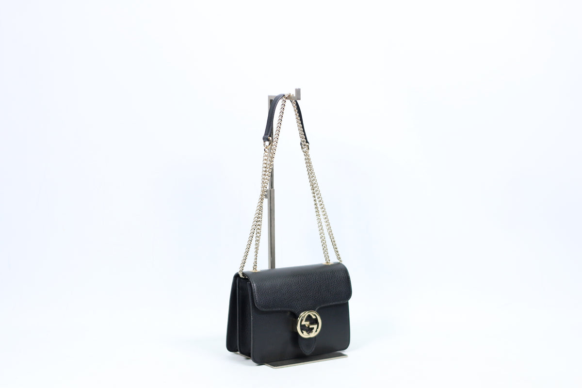 Gucci Black Leather GG Interlocking Chain ONE Shoulder Bag