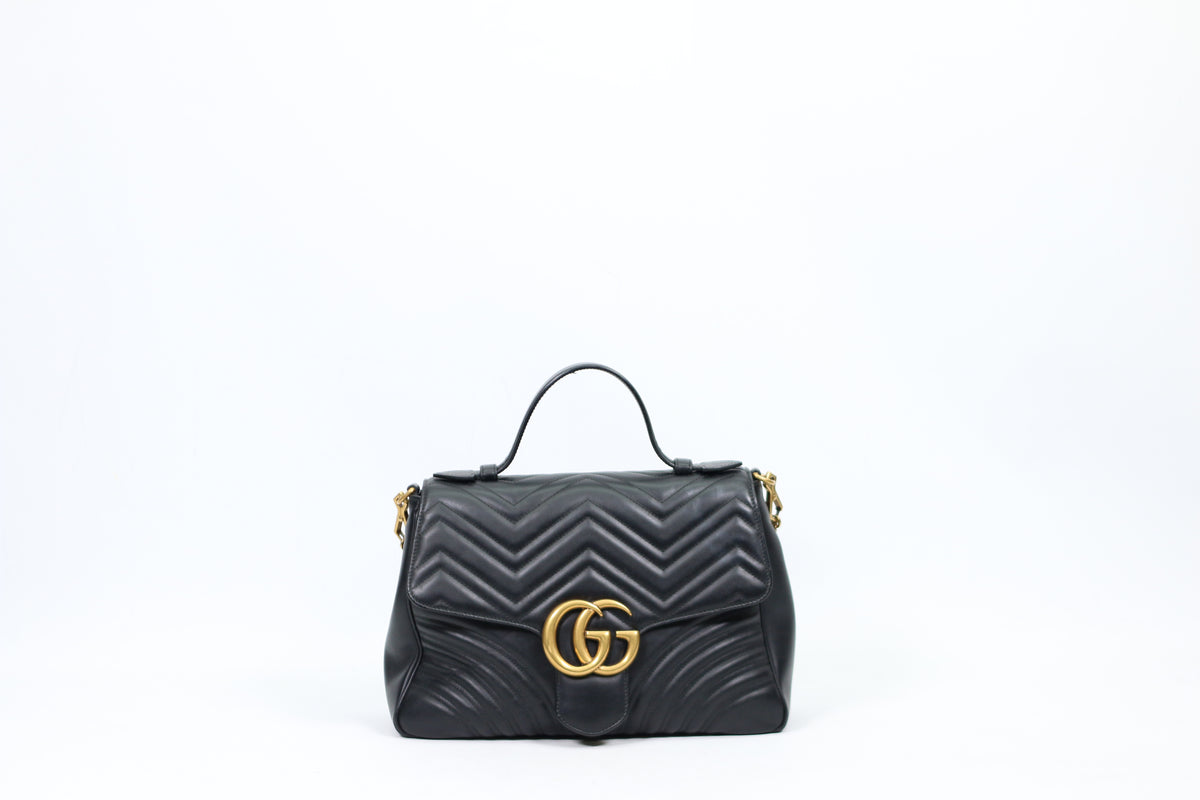 Gucci Black Leather Matelasse GG Marmont Top Handle Medium Shoulder Bag 498109