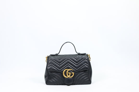 Gucci Black Leather Matelasse GG Marmont Top Handle Medium Shoulder Bag 498109
