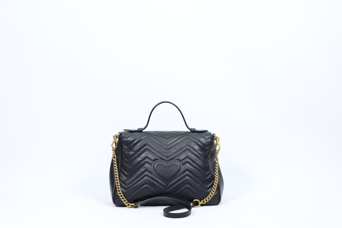 Gucci Black Leather Matelasse GG Marmont Top Handle Medium Shoulder Bag 498109