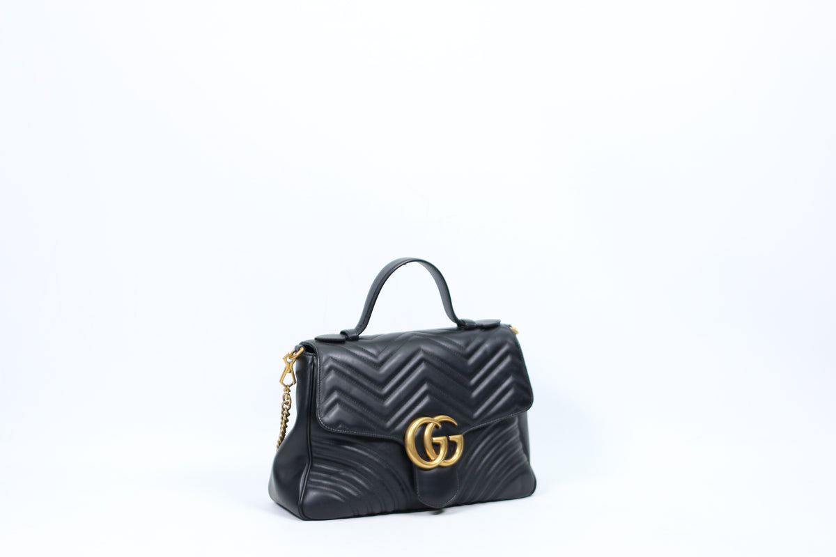 Gucci Black Leather Matelasse GG Marmont Top Handle Medium Shoulder Bag 498109