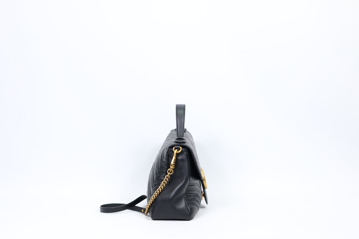 Gucci Black Leather Matelasse GG Marmont Top Handle Medium Shoulder Bag 498109