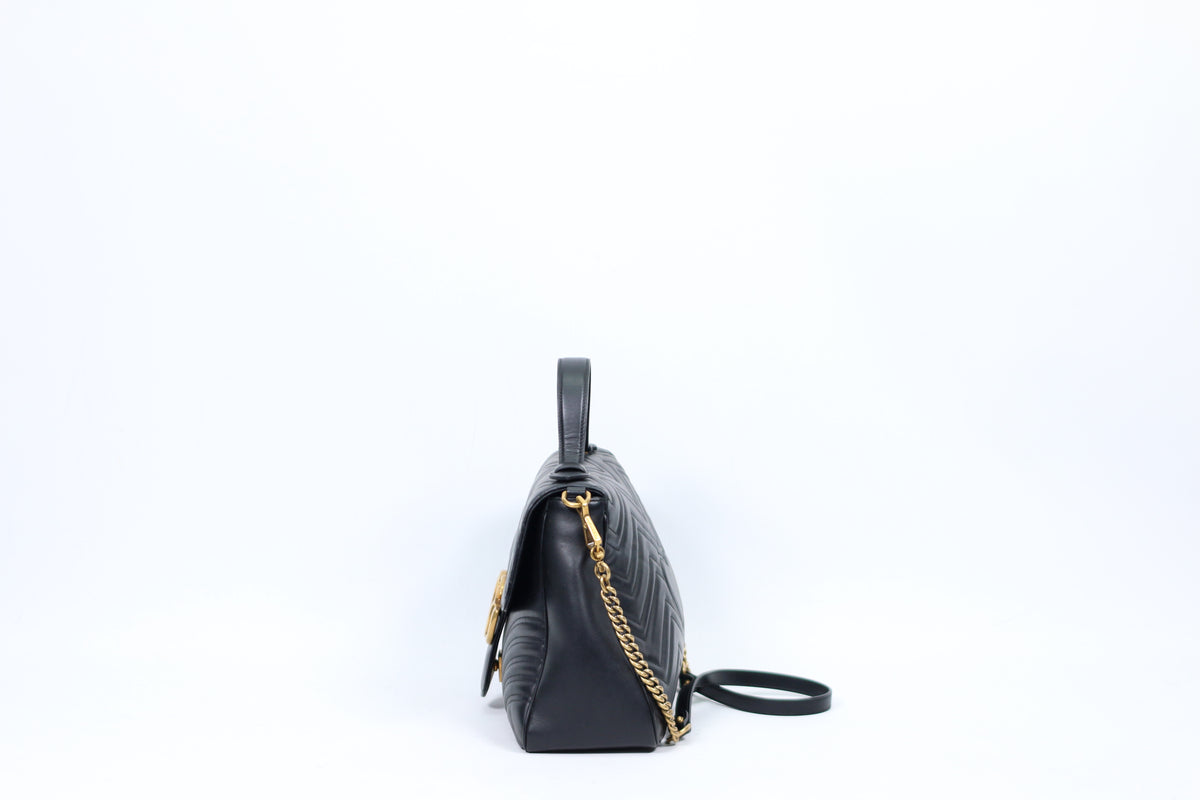 Gucci Black Leather Matelasse GG Marmont Top Handle Medium Shoulder Bag 498109