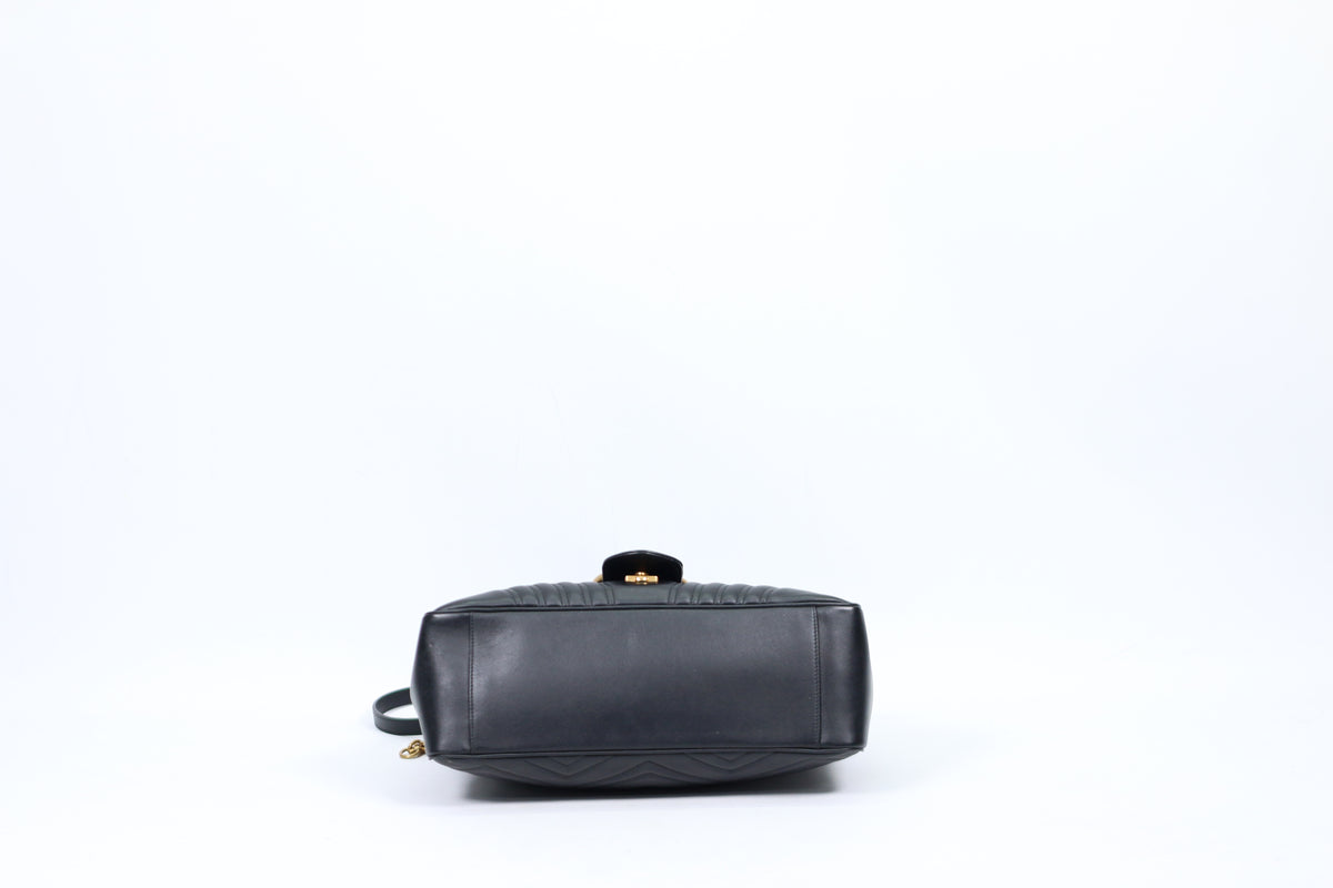 Gucci Black Leather Matelasse GG Marmont Top Handle Medium Shoulder Bag 498109