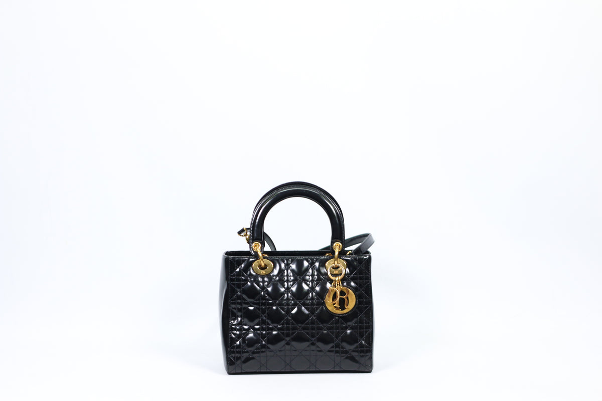 Dior Black Lambskin Leather Patent Quilted Lady Dior Medium Shoulder Bag CAL44551