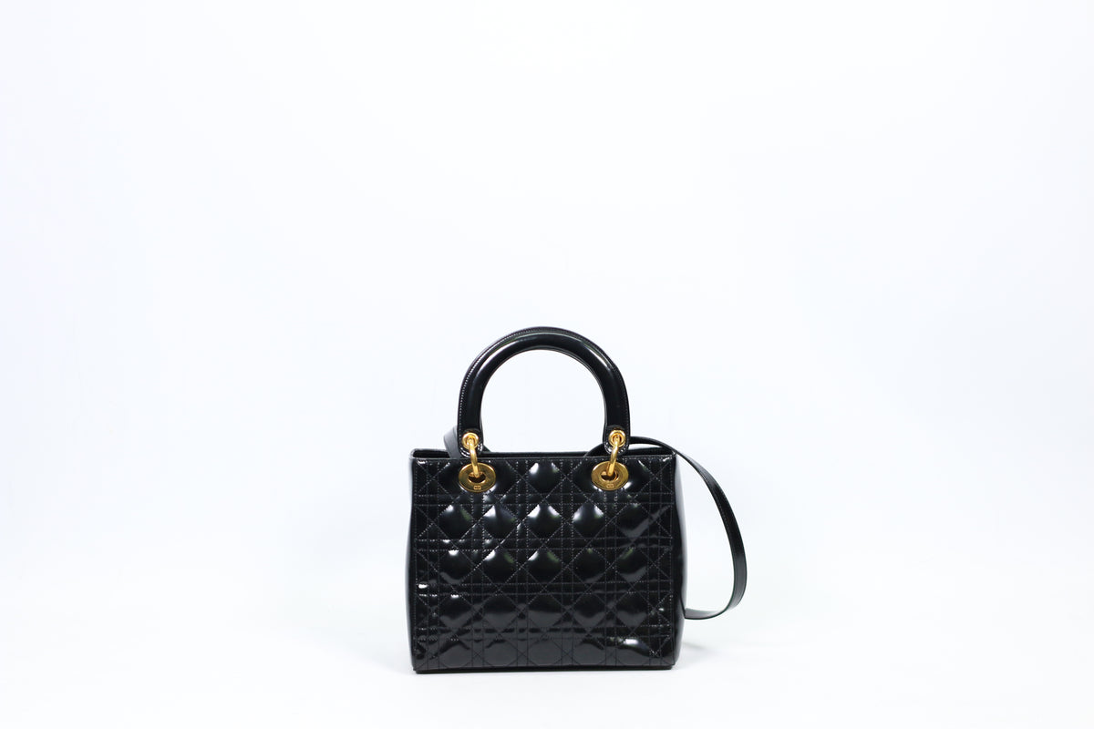 Dior Black Lambskin Leather Patent Quilted Lady Dior Medium Shoulder Bag CAL44551