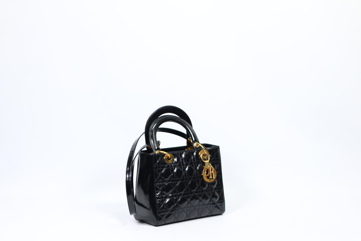 Dior Black Lambskin Leather Patent Quilted Lady Dior Medium Shoulder Bag CAL44551