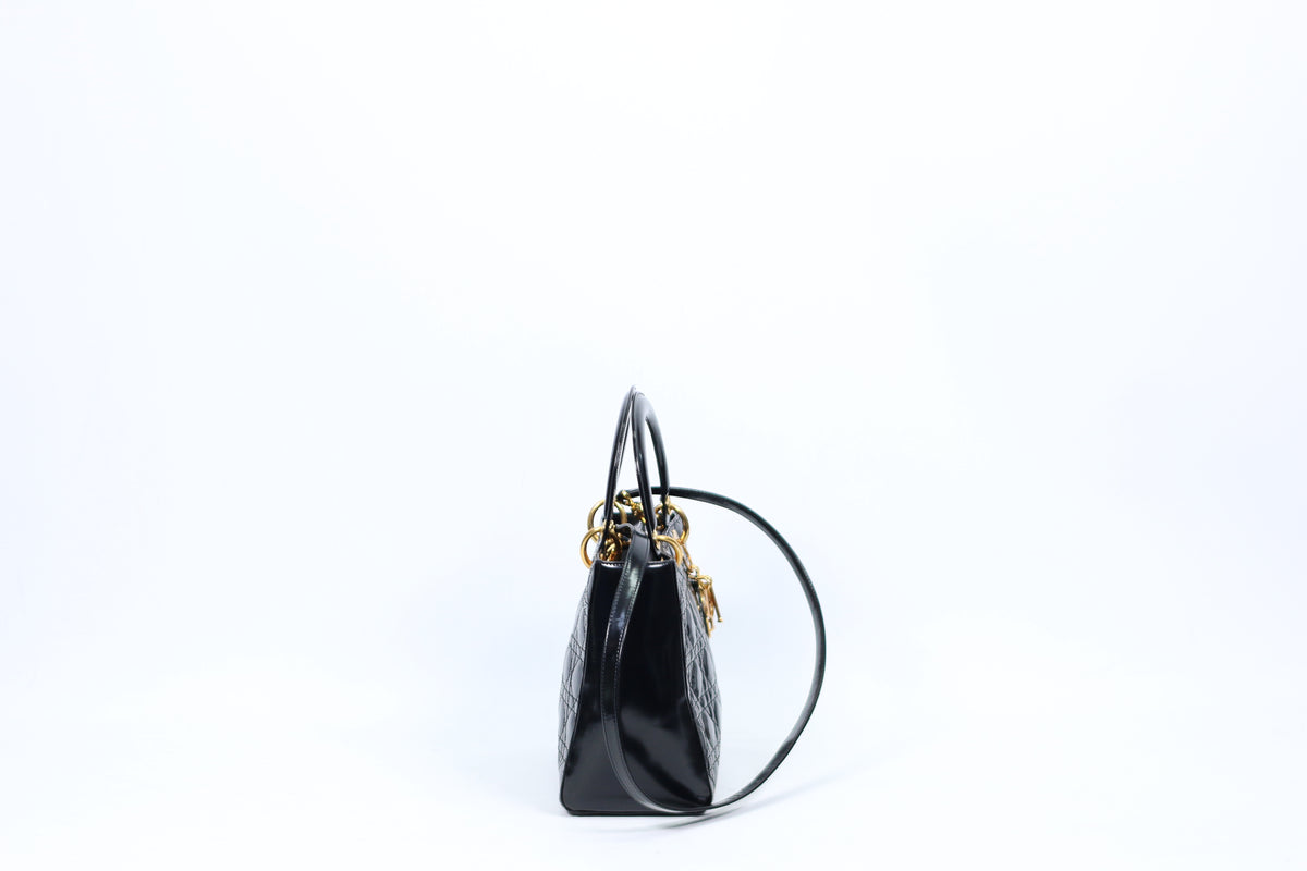 Dior Black Lambskin Leather Patent Quilted Lady Dior Medium Shoulder Bag CAL44551