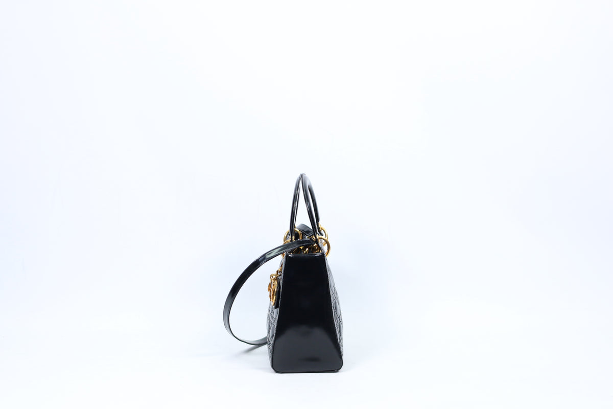 Dior Black Lambskin Leather Patent Quilted Lady Dior Medium Shoulder Bag CAL44551