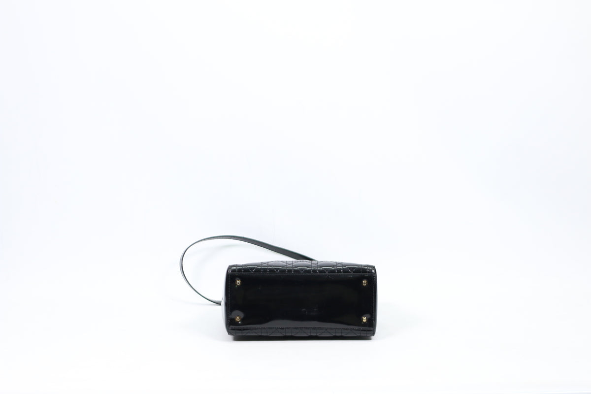 Dior Black Lambskin Leather Patent Quilted Lady Dior Medium Shoulder Bag CAL44551