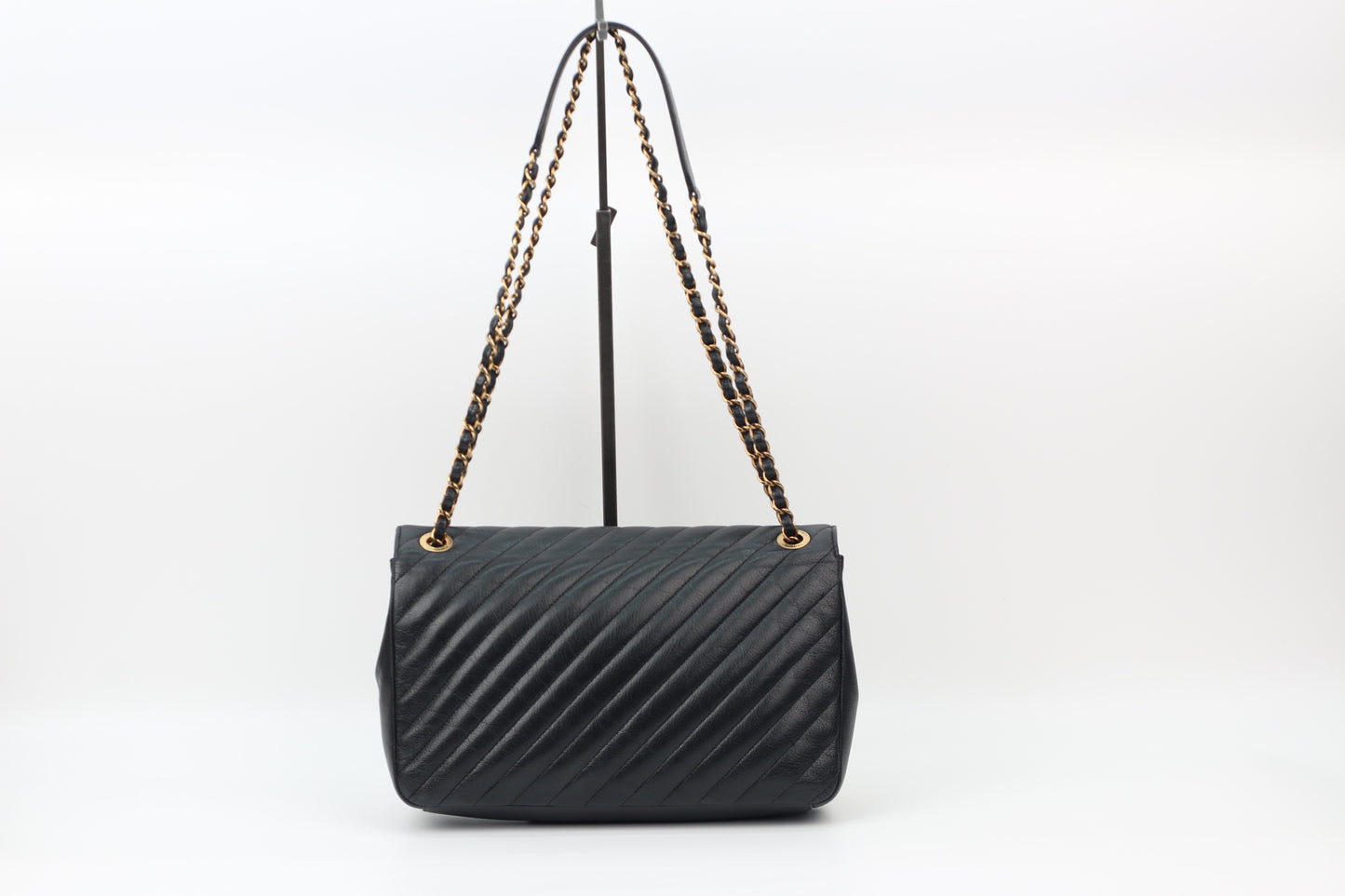 Chanel Black Calfskin Quilted Diagonal One Shoulder Bag A93231 (VB038290210H)