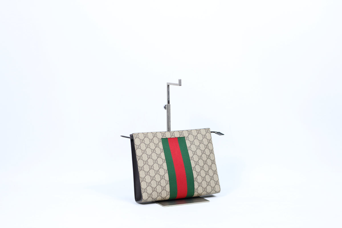 Gucci Brown PVC GG Supreme Canvas Web Stripe ONE Clutch 475316