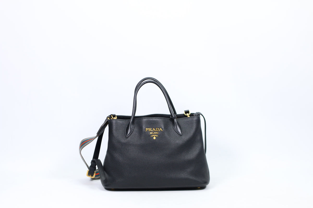 Prada Black Leather Soft Calf Gold-Tone Logo Vitello Daino ONE Shoulder Bag 1BA579