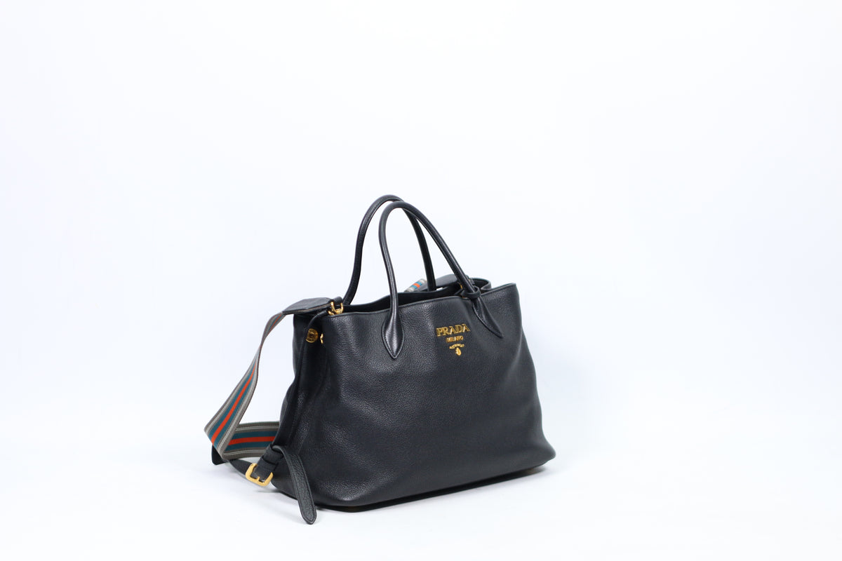 Prada Black Leather Soft Calf Gold-Tone Logo Vitello Daino ONE Shoulder Bag 1BA579