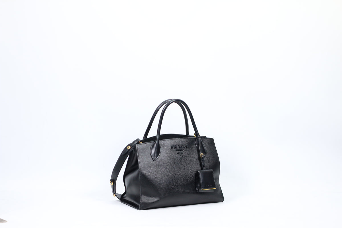 Prada Black Leather Saffiano Monochrome Small Shoulder Bag 1BA156