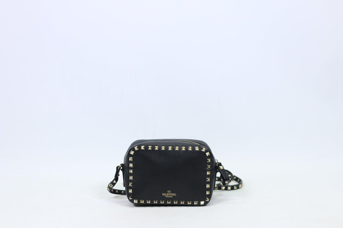 Valentino Black Leather Rockstud Camera Small Crossbody Bag JW2B0809