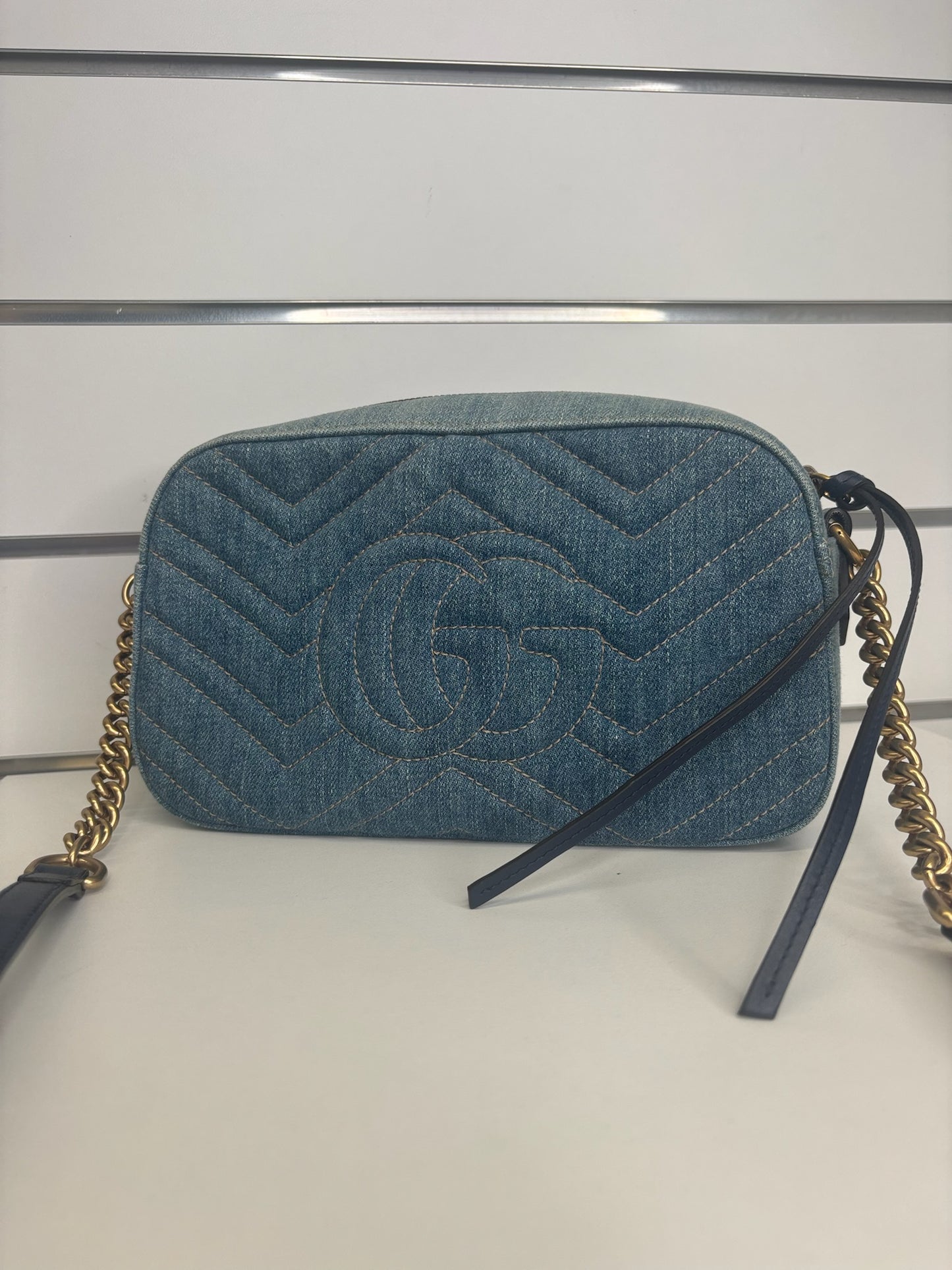 Gucci GG Marmont Matelassé Denim Pearly Crossbody Bag (JP)