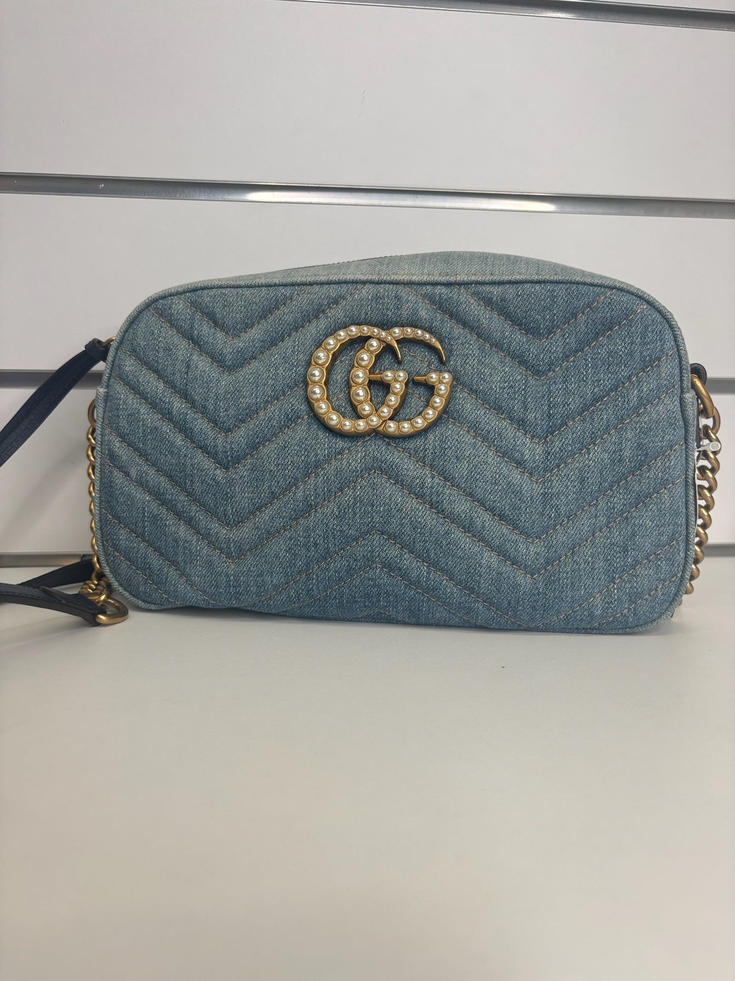 Gucci GG Marmont Matelassé Denim Pearly Crossbody Bag (JP)