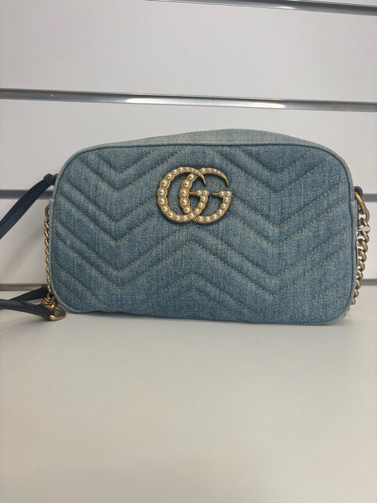 Gucci GG Marmont Matelassé Denim Pearly Crossbody Bag (JP)