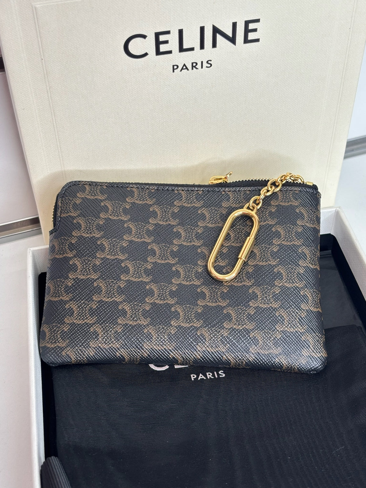 CELINE Triomphe Canvas Logo Coin and Card Pouch With Hook (JP)