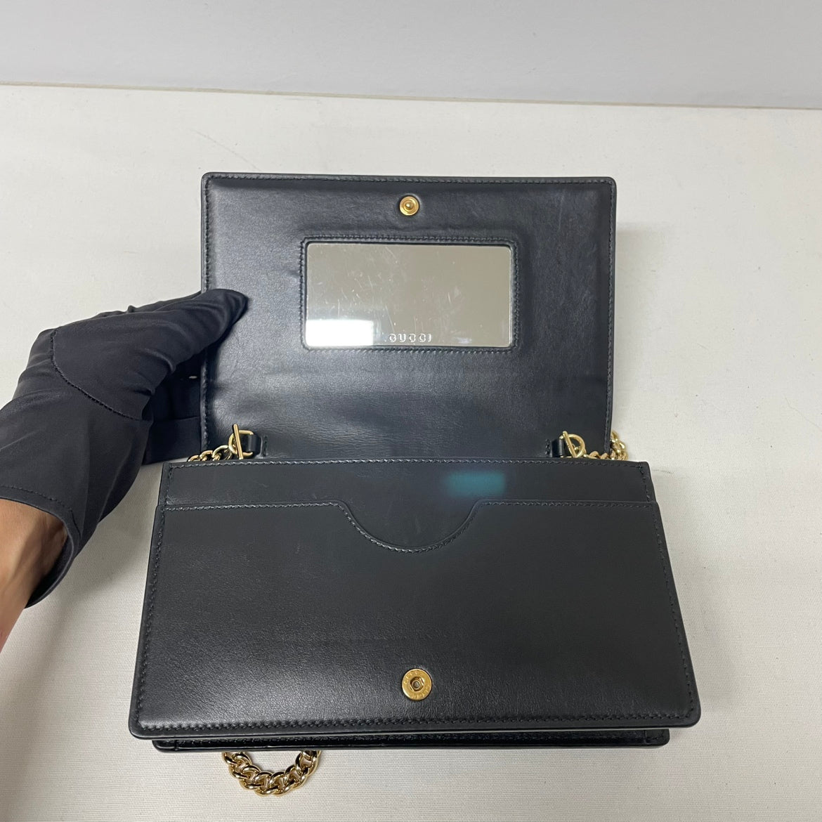 Gucci Black Leather GG Chain Wallet ONE Crossbody Bag 723787
