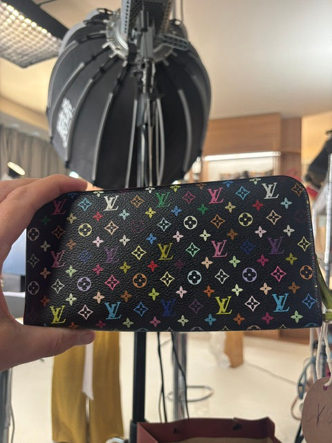 Louis Vuitton Murakami Monogram Multicolore long wallet in black, front view